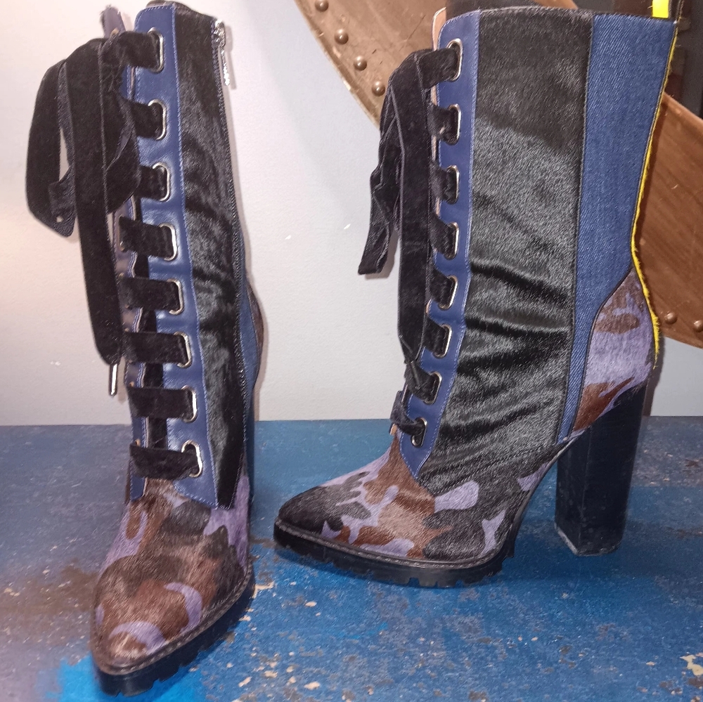 Jennifer Le Lace-Up Pony Hair And Denim Boots